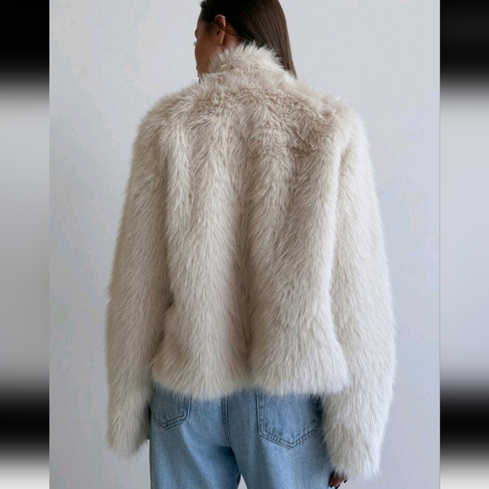 Women Stand Collar Fitted Long Sleeve Fluffy Button Apricot Jacket, Warm - Picture 2 of 8
